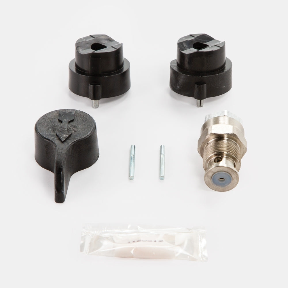 Graco replacement drain valve kit showing a durable plastic valve with attachment fittings for fluid drainage.