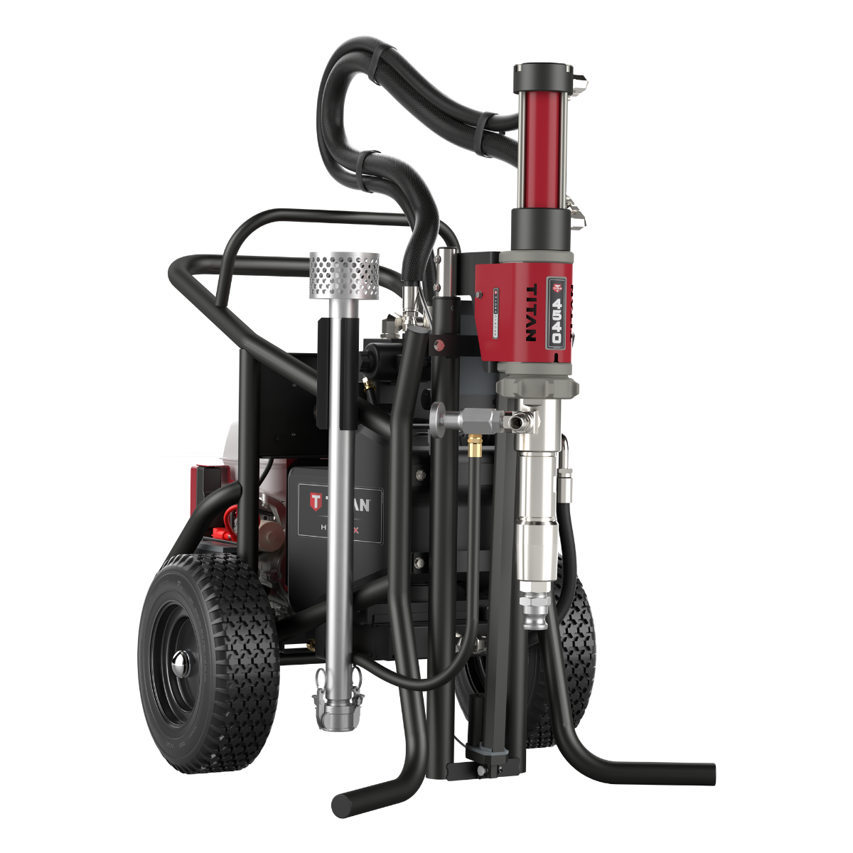 Titan Hydrax 4540 W electric airless sprayer kit with 250-foot hose, M-8 gun, 6-foot whip, and 531 HP tip for professional painting.