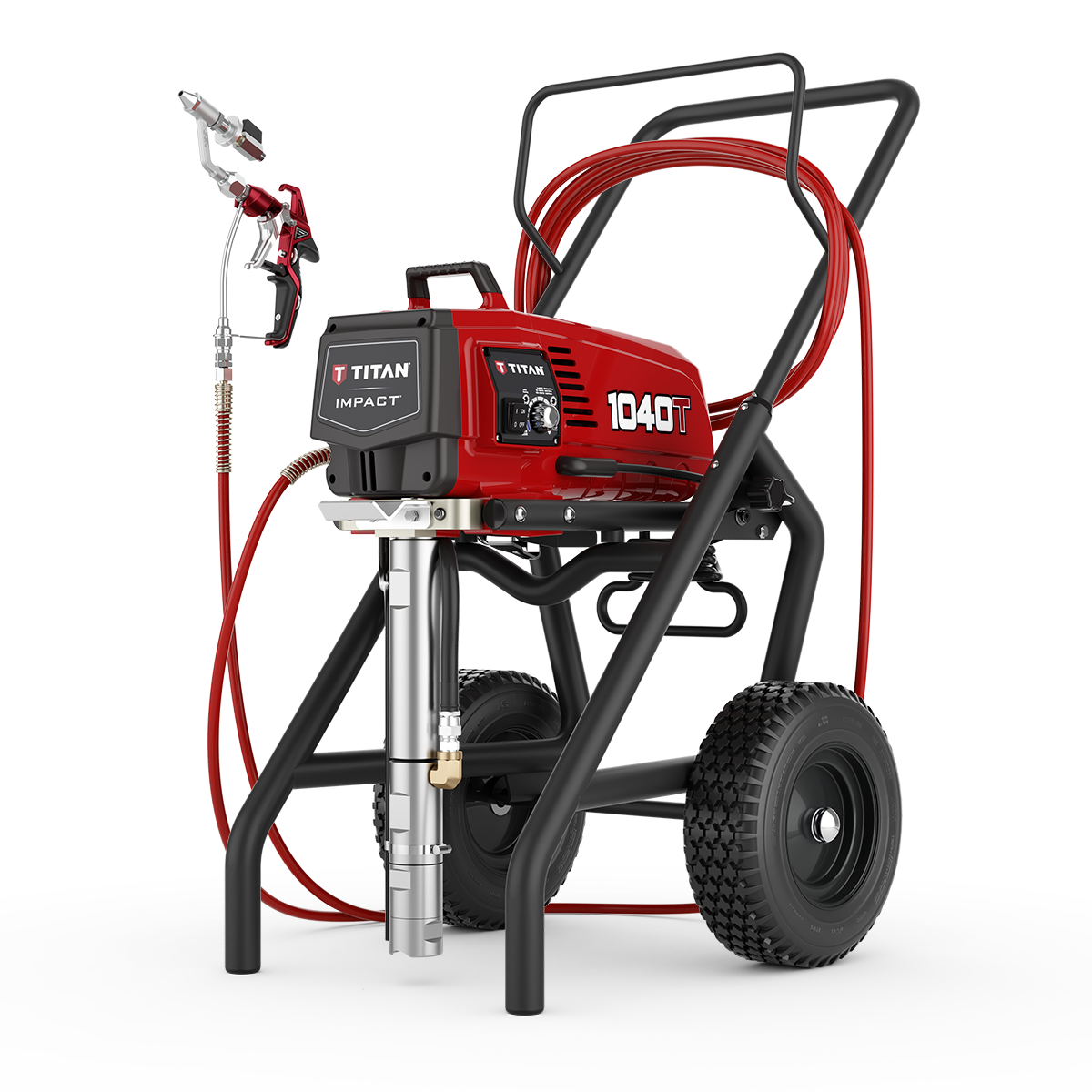 Titan Impact 1040 T electric airless sprayer for painting and coating projects, showcasing its compact design and spray gun attachment.
