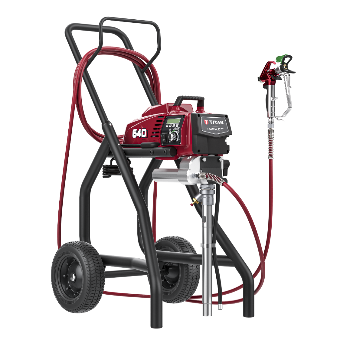 Titan Impact 640I electric airless sprayer on skid, professional-grade airless paint sprayer for industrial and large-scale projects.