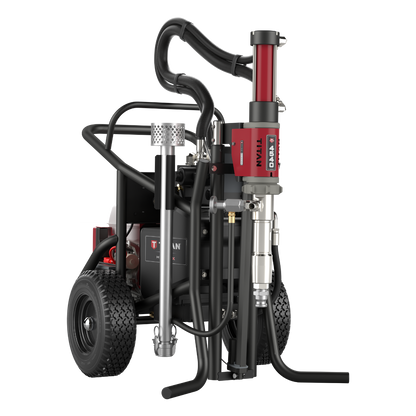Titan Hydrax 4540 gas airless sprayer shown in a bare, unassembled state with visible spray gun and hose attachments.