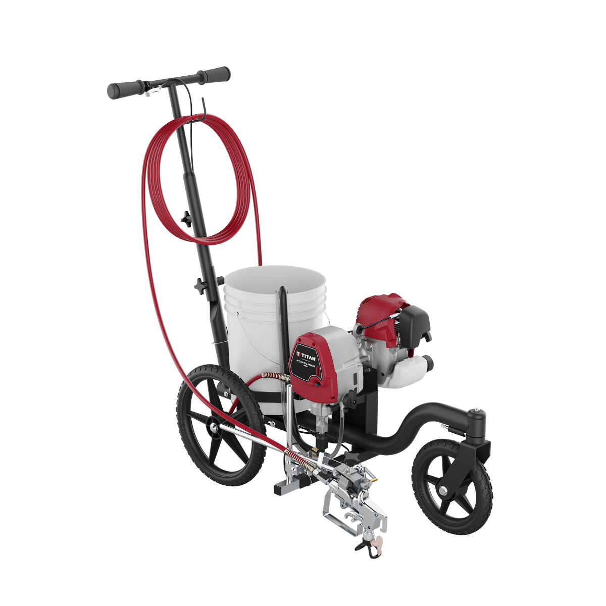 Titan Powrliner 850 line stripers in black and yellow with spray gun and adjustable components for precise marking and striping.